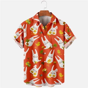 EGNMCR Easter Chemise de Pâques pour Hommes à Imprimé Lapin et Oeufs Chemises Hawaïennes pour Hommes Manches Courtes Chemise Décontractée Boutonnée pour Homme Col Manches Courtes avec Poches Cardigan Chemise Hauts T-Shirts pour Hommes