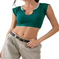 thumbnail image 1 of Women Short Sleeve T-Shirt V Neck Ribbed Knit Crop Top Contrast Color Slim Fitted Casual Basic Tee Top, 1 of 6