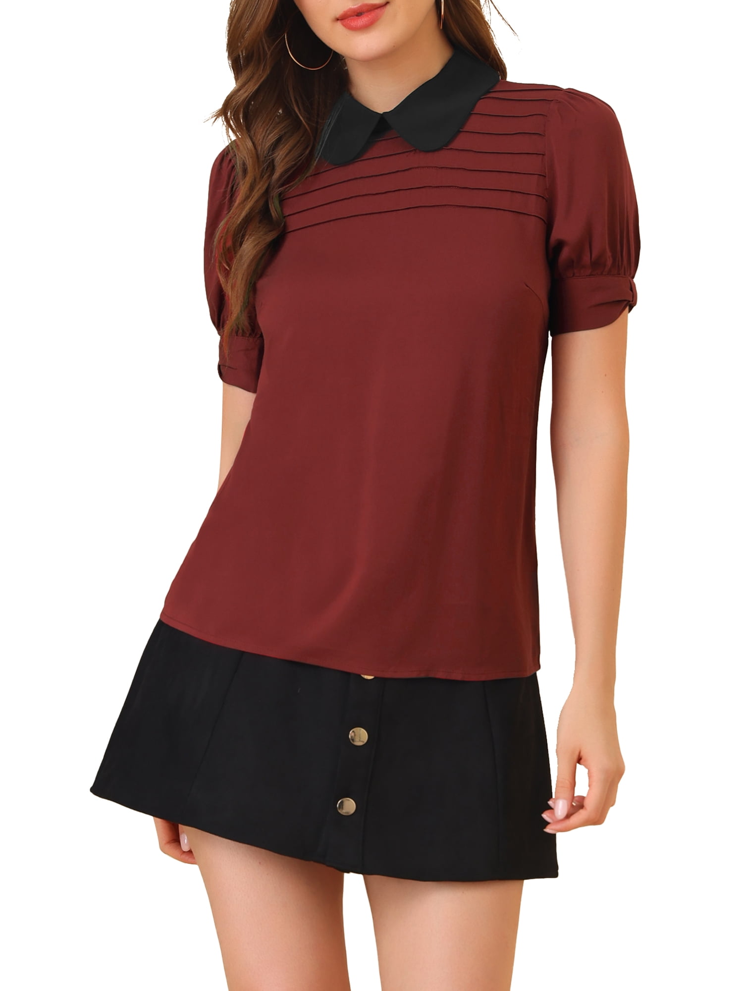 INSPIRE CHIC Blouse Plissée à Manches Courtes Bouffantes pour Femme à Col Peter Pan Contrastant Bourgogne 3TG