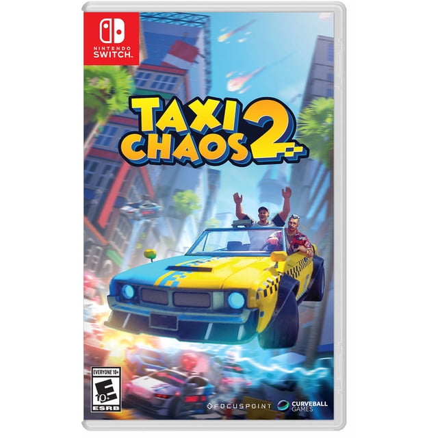 Taxi Chaos 2 Nintendo Switch game cover showing a yellow and blue checkered taxi car driving through a vibrant city with tall buildings and palm trees, surrounded by other vehicles and dynamic motion effects, capturing fast-paced arcade racing.