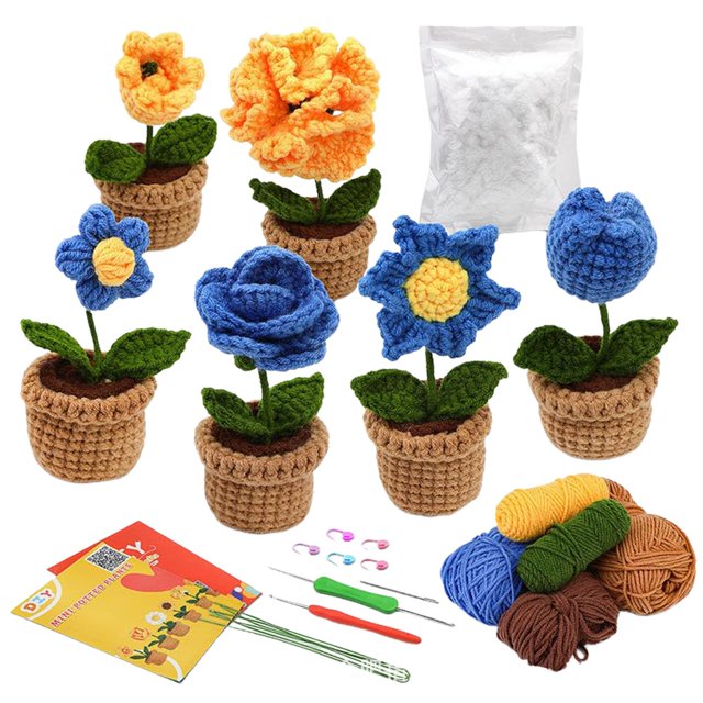 Hot!Flower Crochet Kit For Beginners For Adult And Kids Learn Crochet Set With Step By Step Video Tutorials DIY Knitting With Crochet Yarn And Crochet Hook.(6 Small Flowers)