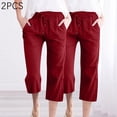 thumbnail image 1 of Simua Pantalon Capri L pour Femmes Été Ample à Jambe Grand avec Poches 2 Pcs, 1 of 6