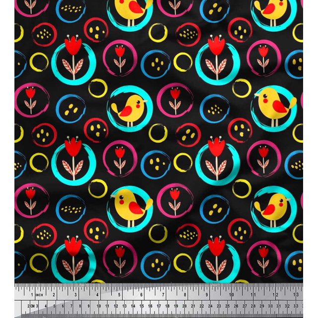 Soimoi Polyester Crepe Fabric Floral,Circle & Bird Artistic Print Sewing Fabric Yard 52 Inch Wide