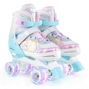 Costway 4 Sizes Adjustable Quad Skates with Light-up Wheels Safety Protection for Ages 13+ Blue