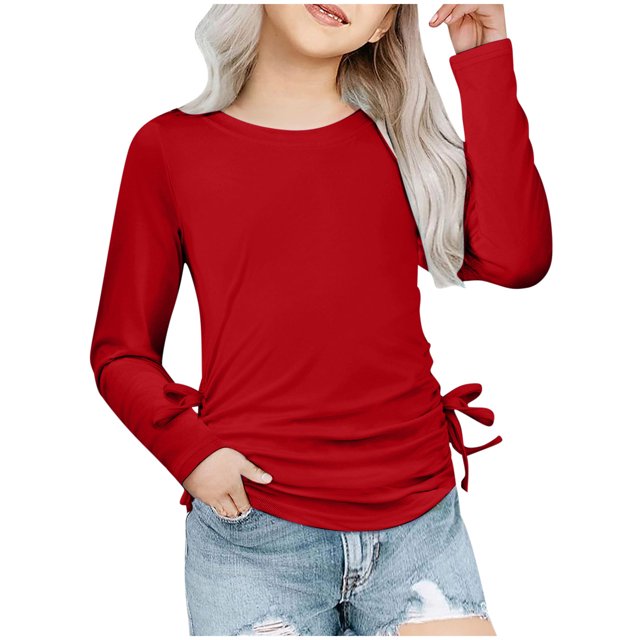 Plebaso Chemises à Manches Longues pour Filles avec Cordon de Serrage Col Rond Blouses Décontractées Mode Tunique pour Enfants Filles