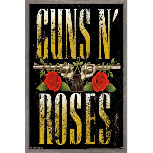 Guns N' Roses - Stacked Logo Wall Poster, 22.375" x 34" with distressed yellow text on black background, featuring two silver revolvers crossed and entwined with green rose stems and leaves, accompanied by two red roses with water droplets, printed on glossy poster paper, suitable for bedroom or office wall décor.