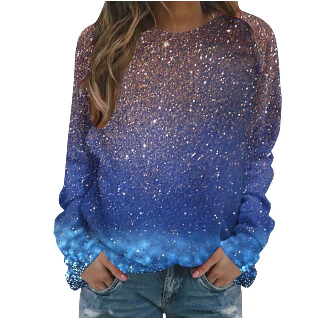 AherBiu Chandails à Col Rond pour Femmes Manches Longues Imprimé Brillant Printemps Décontracté Ample Chandail Pailleté Hauts