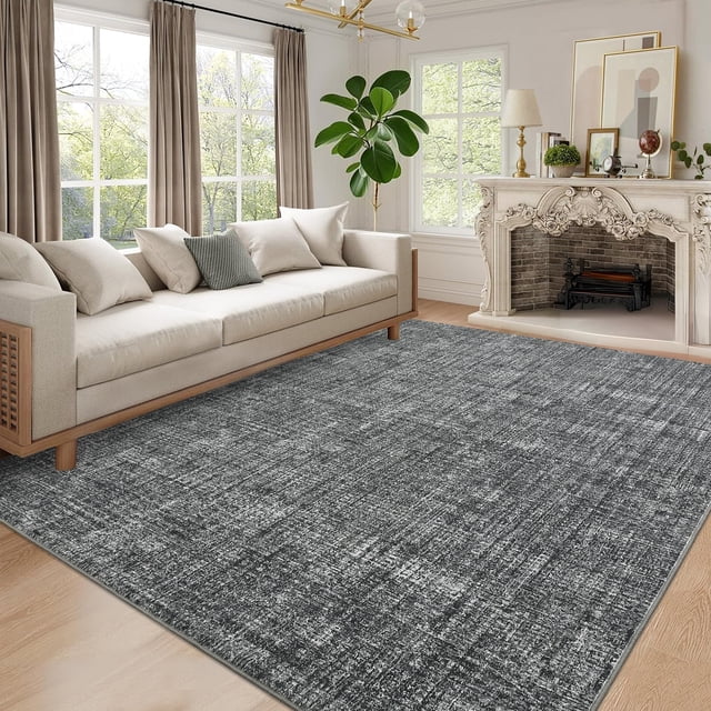 Modern Washable Area Rug 9x12 for Living Room, Bedroom, or Dining Room – Soft Low Pile, Collapsible, Non-Slip, Mark Resistant Carpet – Easy to Clean Neutral Floor Mat, Dark gray