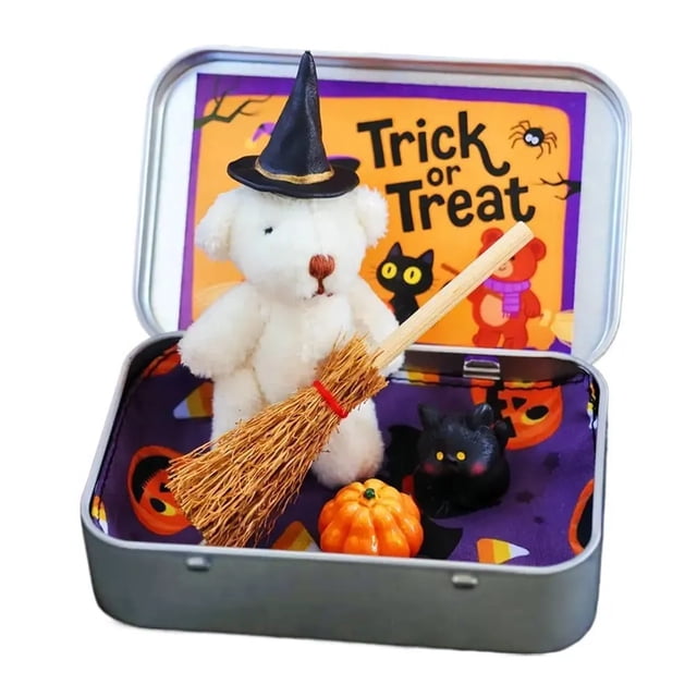 stanreset Handmade Cute Witch Teddybear In Box Miniature Witcher With Broom Pumpkin Cat Halloween Party white