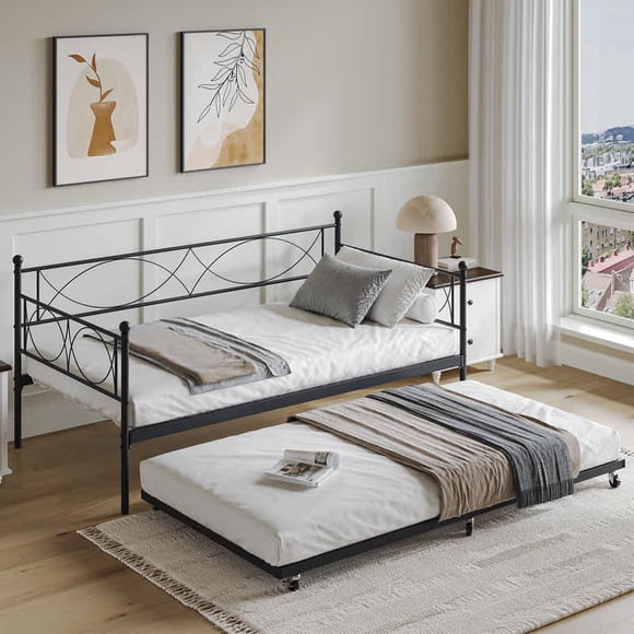 Eastvita Twin Daybed with Trundle - Steel Slat Support Mattress Foundation for/Teens//Adults in Living Room