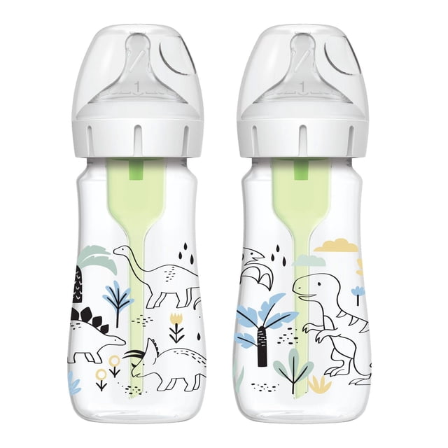 Dr. Brown's Natural Flow Anti-Colic Options+ Wide-Neck Baby Bottle Designer Edition Bottles, Dino Decos, 2x9oz Bottles, Level 1 Nipple