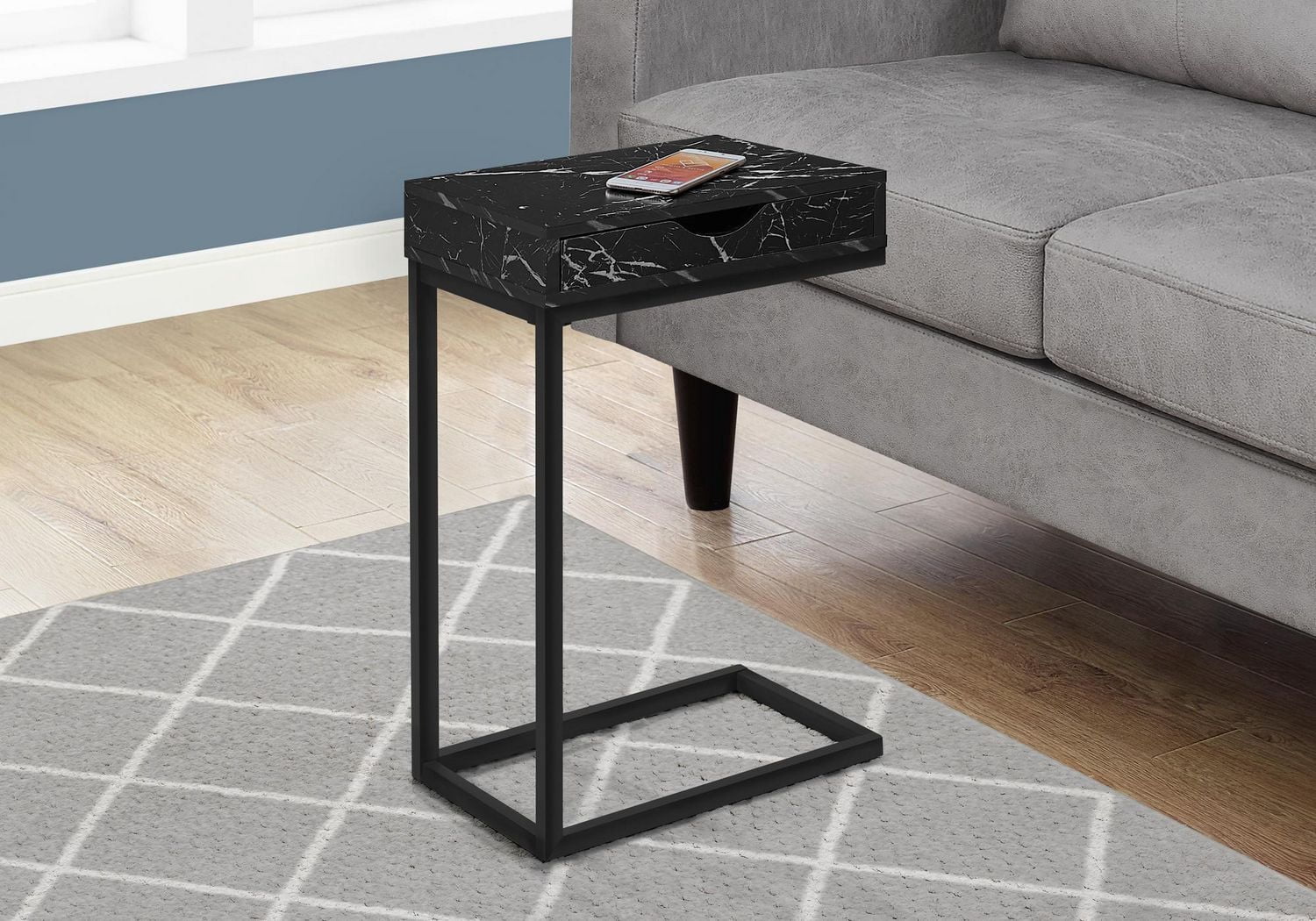 Monarch Specialties Table D'appoint, En Forme De C, Bout, Côté, Collation, Tiroir De Rangement, Salon, Chambre À Coucher, Métal, Stratifié, D'aspect Marbre Noir, Contemporain, Moderne