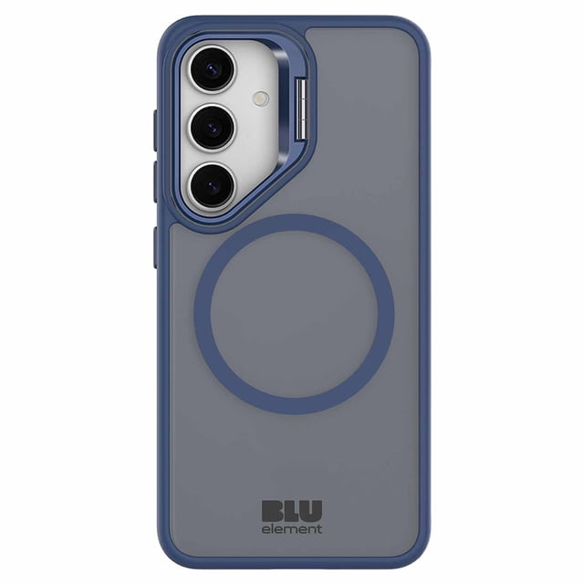 Blu Element Étui Compatible Chromatic Kick avec Aimants Bleu Marine pour Samsung Galaxy S25/Galaxy S24 Montrant une Étui de Téléphone Mince, Semi-Transparente Bleu Marine avec Anneau Magnétique Circulaire pour Compatibilité MagSafe, Bords Absorbant les Chocs, protection Supplémentaire de la Caméra Autour de la triple Découpe de Caméra, et le logo Blu Element au Bas, Convient Aussi à la Vision Mains Libres avec Son Béquille Intégrée.