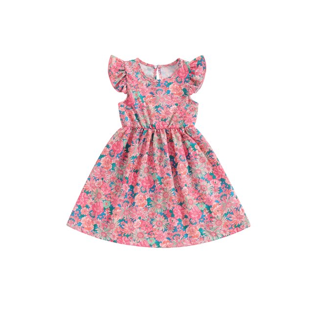 EYIIYE Robe Midi d'Été pour Petite Fille 1T-8T, Robe Trapèze à Manches Volantées pour Tout-Petit, Imprimé Floral, Col Rond, Robe Décontractée, Col Rond, Robe de Princesse à Fleurs pour Fête, Mode pour Enfants, Vêtements Mignons pour les Vacances
