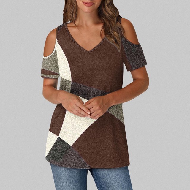 Soki Womens Tops Color Blocked Printed Short Sleeved V-Neck Off Shoulder Fashionable Summer Clothes