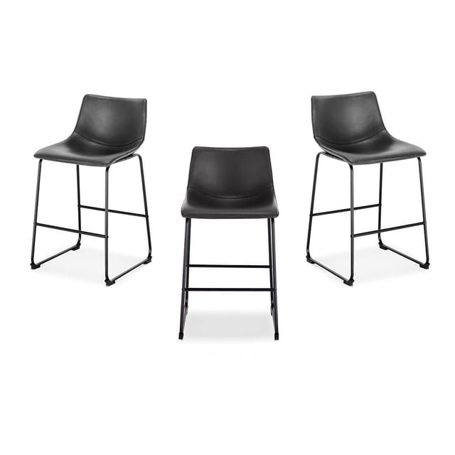 Heavenly Collection Bar Tabouret 30 Pouces Ensemble de 3 avec Revêtement en Similicuir Noir et Pieds de Traîneau Enduits de Poudre Noir Mat, Vus de l'Avant et Inclinés sur Fond Blanc, Conçu pour les Sièges de Cuisine et de Salle à Manger au style Industriel Urbain, Convient pour un Usage au Bar Ou au Comptoir.
