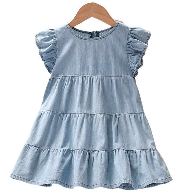Qudderr Robe Décontractée en Denim pour Filles Bébé, Manches à Volants, Robe en Jean pour Filles 2-9 Ans, Robe d'Été à Col Rond pour Filles