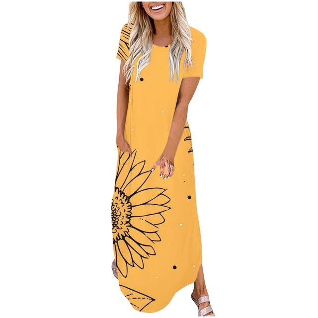 Ovzne Robes d'Été pour Femmes Robe Femme Mode Robe Décontractée pour Femmes Imprimée à Manches Courtes Col Rond Robe avec Poches Robe de Vacances à Manches Courtes Imprimée Liquidation