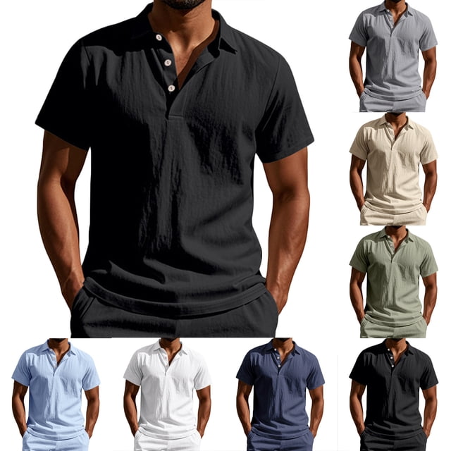 Txeol Daily Deals Mens Short Sleeve Shirts Casual Athletic Fit Button V Neck Tee Shirt Solid Color Basic Workout Muscle Tops,Army Green,M