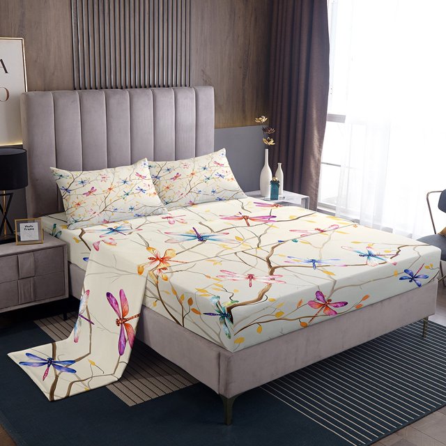 Erosebridal Rainbow Dragonfly Bed Sheets Set Queen Size, Cartoon Animal Bedding Set, Super Cozy