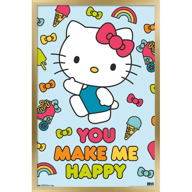 Hello Kitty - Happy Wall Poster, 22.375" x 34" framed, featuring a front-facing Hello Kitty with a red bow and blue outfit on a light blue background. The poster includes colorful ice cream cones, roller skates, rainbows, and bows scattered around, with the phrase 'YOU MAKE ME HAPPY' in bold multicolored letters at the bottom. Suitable for bedrooms, playrooms, dorms, or party décor.