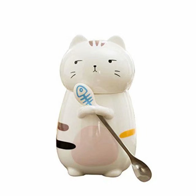 Cute Cat Ceramic Cup 3D Fun Coffee Cup with Cover and Stirring Spoon Creative Birthday Gift, Couple Cup