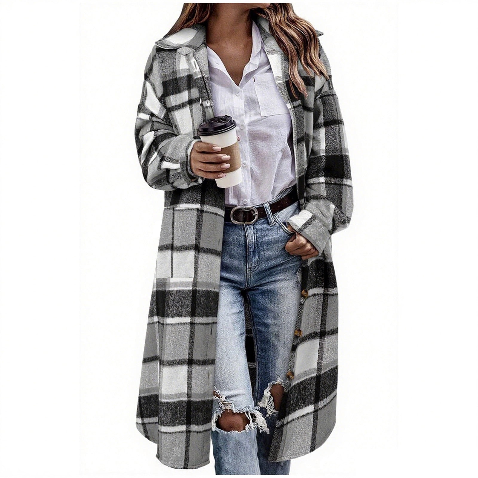 aohooy Knee Length Womens Winter Flannel Jacket - Long Button Up