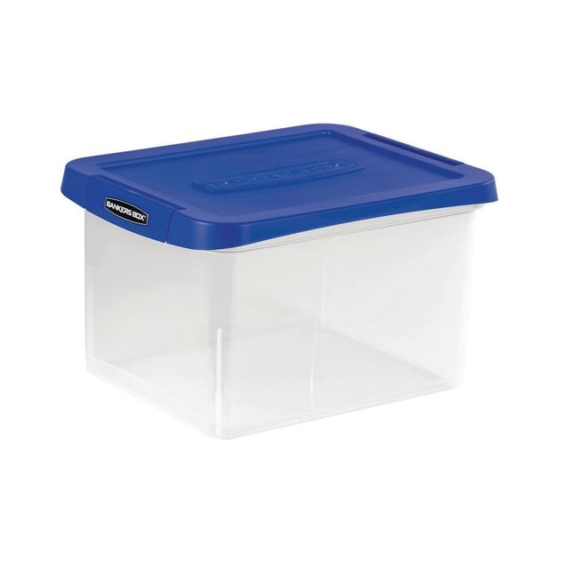Bankers Box® Heavy Duty Letter/Legal Plastic File Box with clear plastic construction and blue lid, reinforced corners for durability, locking lid, and built-in hanging rails for letter and legal size files, stackable up to five high for organized office or shipping storage.