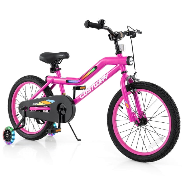 Costway Vélo pour Enfants de 18 Pouces avec Éclairage DEL et Siège Ajustable, Roues Stabilisatrices à Rétropédalage, Rose. Bicyclette pour Enfants Rose Vif avec Roues de 18 Pouces, Lumières DEL Offrant 7 Couleurs et modes, et Roues Stabilisatrices Lumineuses. Doté d'Une Hauteur de Selle Ajustable (25 Pouces-29 Pouces), Système de Freinage Double avec Freins à Main et à Rétropédalage, Garde-Chaîne Entièrement Fermé, Siège Rembourré, Réflecteurs de Sécurité et Pneus Antidérapants. Idéal pour 4 à 8 Ans, Convient