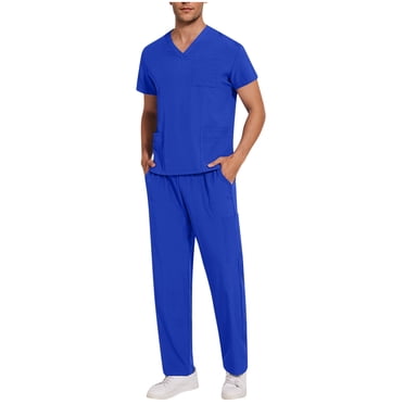 Bocqde Ensembles de Sarraus Médicaux pour Hommes 2 Pcs Tenues d'Été Unies T-Shirt à Col en V avec Pantalon de Jogging Vêtements de Travail pour Hommes Uniforme d'Infirmier avec Poches