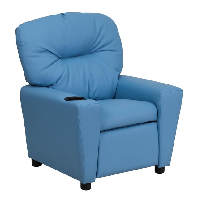 Contemporary Light Blue Vinyl Kids Recliner with Cup Holder