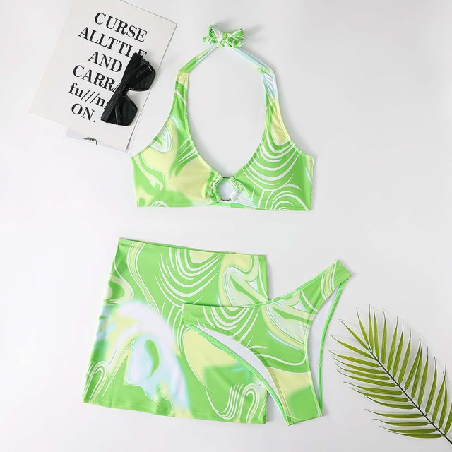 CEHVOM Ladies Three-piece Bikini Three-piece Short Skirt With Chest Pad Without Underwire