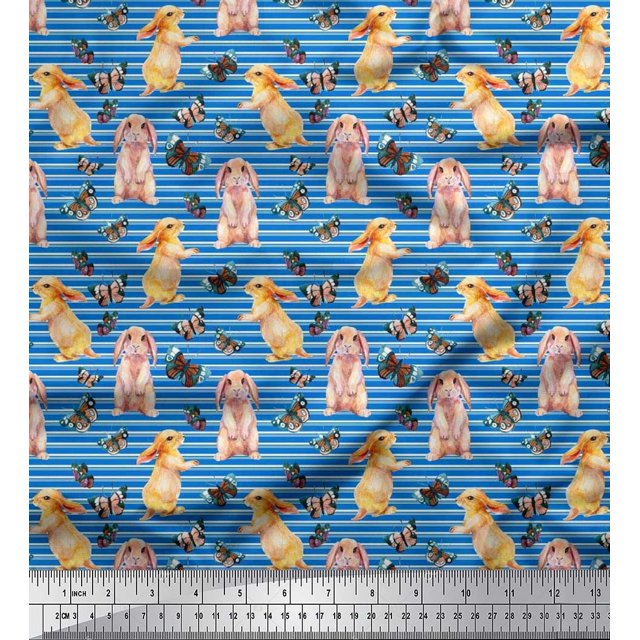 Soimoi Tissu Viscose Georgette Bleu à Rayures, Imprimé d'Insectes et de Lapins, Largeur 42 Pouces
