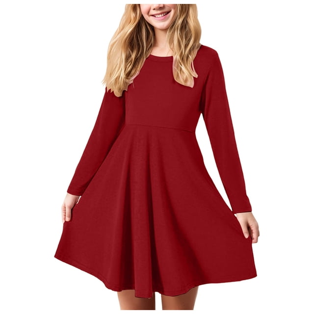 Zanarzt Robe de Noël pour Filles, Robe T-Shirt à Manches Longues pour Enfants, Robes Patineuse Trapèze d'Automne pour Filles, Rouge, 7-8 Ans