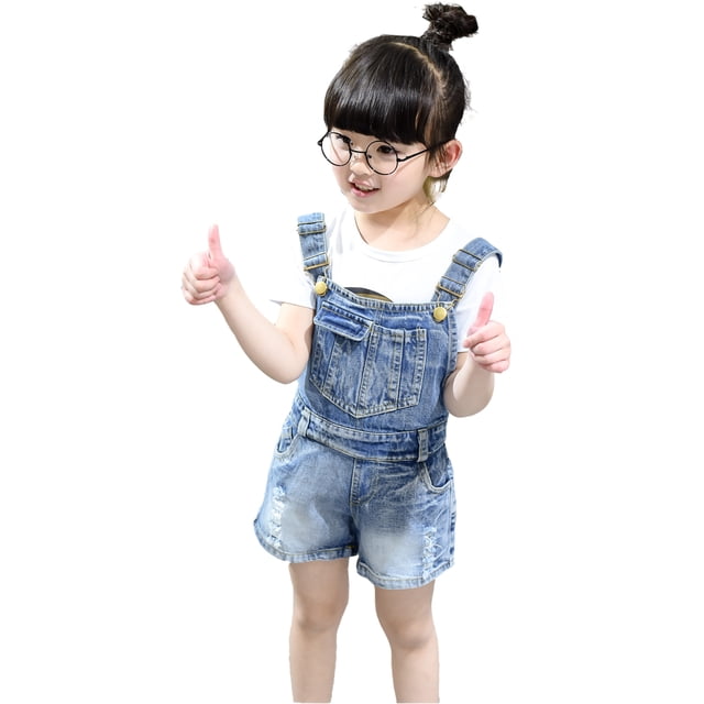 KIDSCOOL SPACE Little Girl Jean Overalls,Big Ripped Denim Shortalls,Blue,8-9 Years