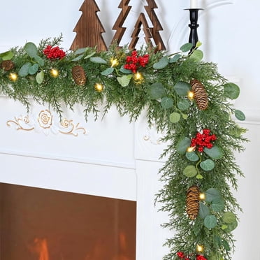 Waipfaru 5.9ft Christmas Garland with Lights, Pre-lit Christmas Greenery Cedar Garland Cypress for Home Table Mantel Xmas Decor