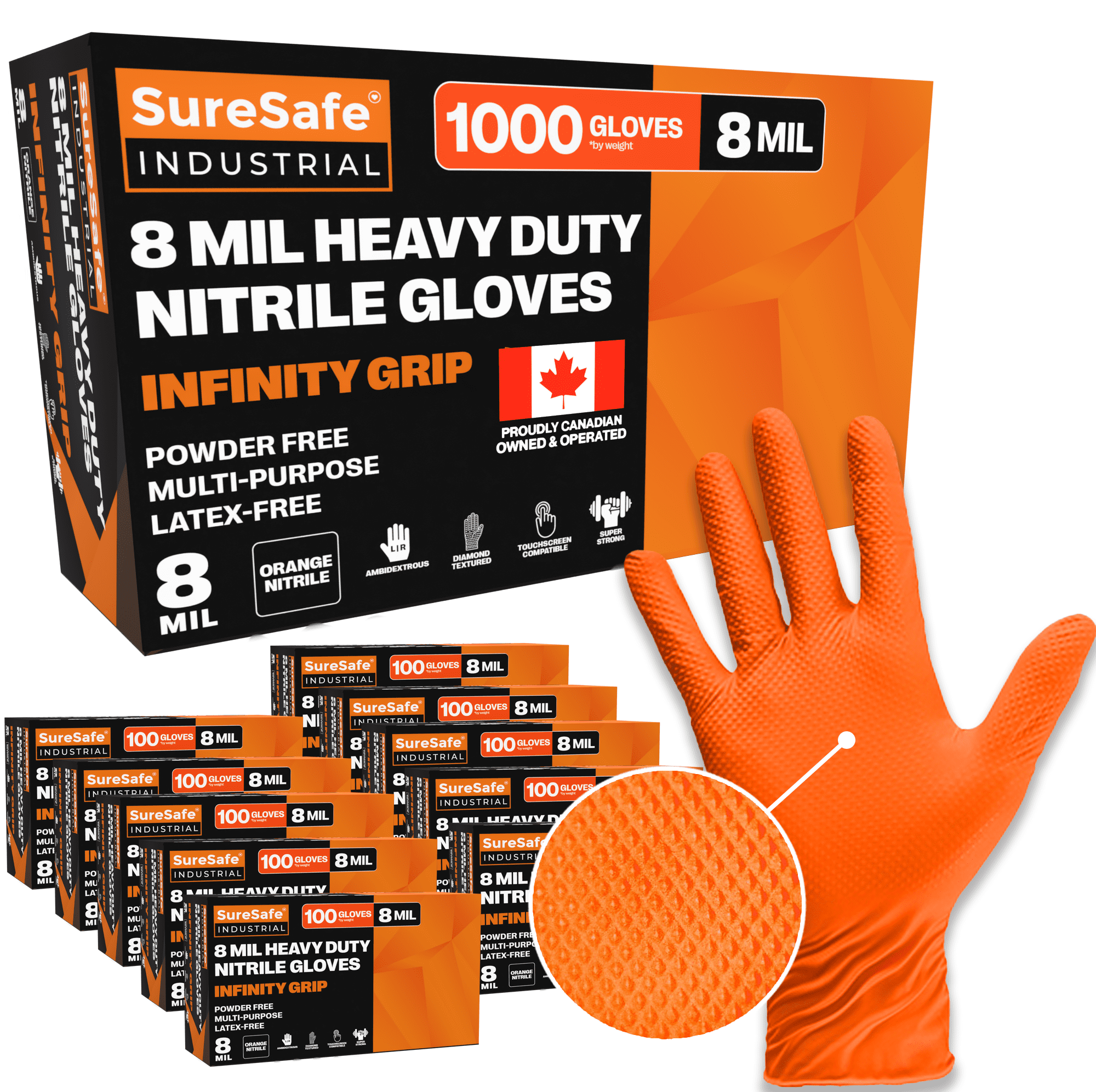 SureSafe 8 Mil Orange Nitrile Disposable Gloves, BBQ, Large, 1000 Count