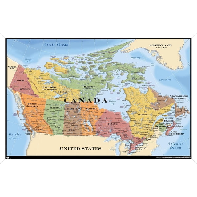 Map - Canada Wall Poster, 22.375" x 34" Framed showing a detailed political map with color-coded provinces and territories, labeled major cities, and surrounding Arctic, Pacific, and Atlantic Oceans. The lightweight framed poster has a satin finish and sawtooth hanger for easy wall mounting, suitable for home, office, dorm, or educational decor.