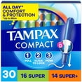 thumbnail image 1 of Tampax Compact Pearl Tampons Multipack, with LeakGuard Braid & Extendable Applicator, Super/Super Plus Absorbency, Compact Extendable Applicator, Unscented, 30 Count, 1 of 27