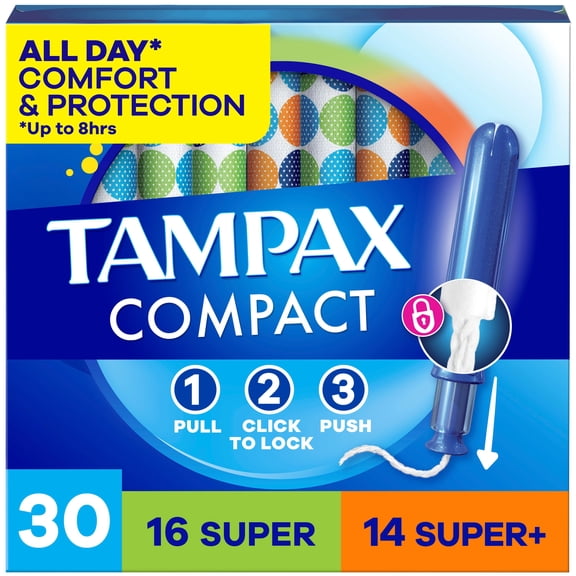 Tampax Compact Pearl Tampons Multipack, with LeakGuard Braid & Extendable Applicator, Super/Super Plus Absorbency, Compact Extendable Applicator, Unscented, 30 Count
