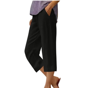 Cameland Women's Summer Cotton And Linen Capris Pants Solid Color Elastic Waist Trousers Straight Casual Loose Fit Capri Pant with Pockets