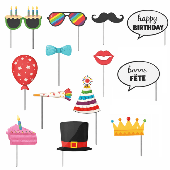 Way To Celebrate Birthday Party Photo Booth Props, 12 Pcs Funny Photo Decorations Moustache Glasses Hats for Selfie Memory Assorted Colors Designs