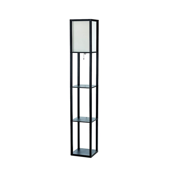 Simple Designs Étagère de Rangement Organisateur pour Lampe sur Pied avec Abat-Jour en Lin, Grande Lampe sur Pied en Métal Noir avec Trois Étagères Carrées Ouvertes pour Rangement Ou Exposition, Surmontée d'Un Abat-Jour en Lin Blanc Qui Projette une Lueur Douce et Chaude, Dotée d'Un Interrupteur Marche/arrêt à Chaîne à Tirer et Mesurant 10,2 par 10,2 par 62,75 Pouces, Souvent Utilisée pour Exposer des photos Ou un Petit décor Tout en Offrant un Éclairage d'Ambiance.