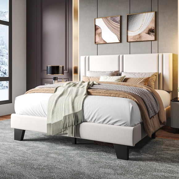 Honfach Full Bed Frame, Velvet Upholstered Platform Bed Frame, Solid Wood Slats & Heavy Duty Feet Support, No Box Spring Needed, Noise-Free, Easy Assembly, White