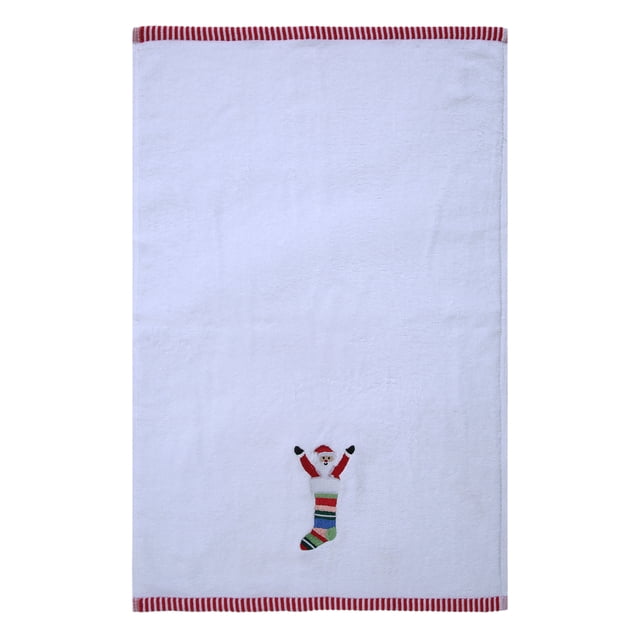 Holiday Time Santa Surprise Embroidery Hand Towels, 2-Pack with white 100% cotton fabric, red and white striped edges, and an embroidered Santa Claus in a colorful Christmas stocking, soft and absorbent for festive bathroom or kitchen use, also suitable as a holiday gift.