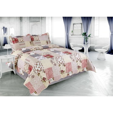 Marina Decoration Rich Printed Embossed Pinsonic Coverlet Bedspread Ultra Soft Bedding Summer Quilt Set with Shams, Floral Plaid Pattern Pink Green Red Purple Cream Color