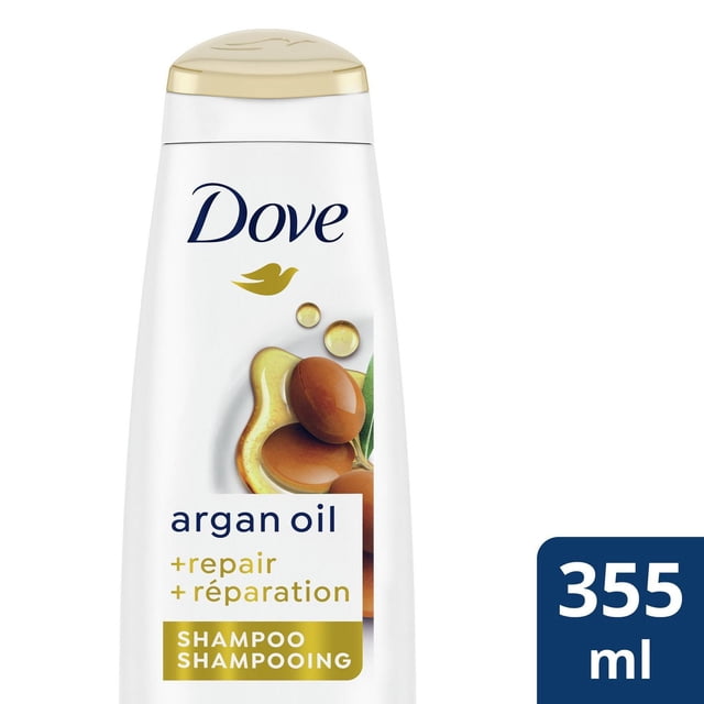 Dove Argan Oil + Repair Shampooing dans une Bouteille en Plastique Blanche avec Bouchon à Clapet Doré, Présentant des Noix d'Argan et des Gouttelettes d'Huile sur l'Étiquette, Formulé pour Nourrir et Réparer les Cheveux Abîmés, Convient aux Soins des Cheveux Secs, 355 ml.