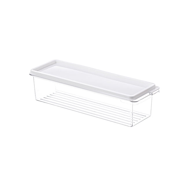 EGNMCR Storage Containers Airtight Food Storage Containers with Lids, featuring a clear plastic design with a white lid. Ideal for kitchen and pantry organization, suitable for storing cereal, dry food, flour, and sugar. The container measures 10x30x7.5cm (3.93x11.81x2.95in) and has an airtight seal to keep food fresh. Its stackable and space-saving design optimizes pantry storage.