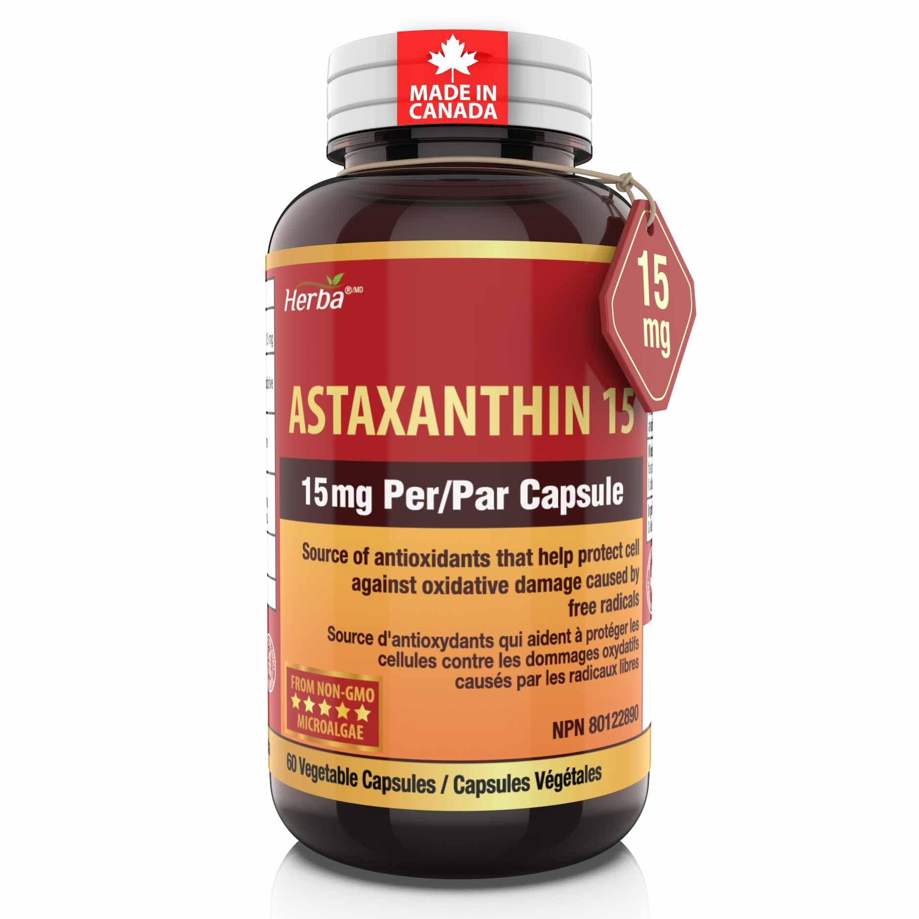 Herba Astaxanthin Supplement 15mg – 60 Vegetable Capsules | Made with Non-GMO Micro-algae | Source of Antioxidant | Made in Canada