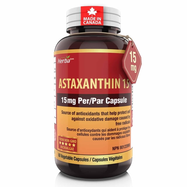 Herba Astaxanthin Supplement 15mg – 60 Vegetable Capsules | Made with Non-GMO Micro-algae | Source of Antioxidant | Made in Canada